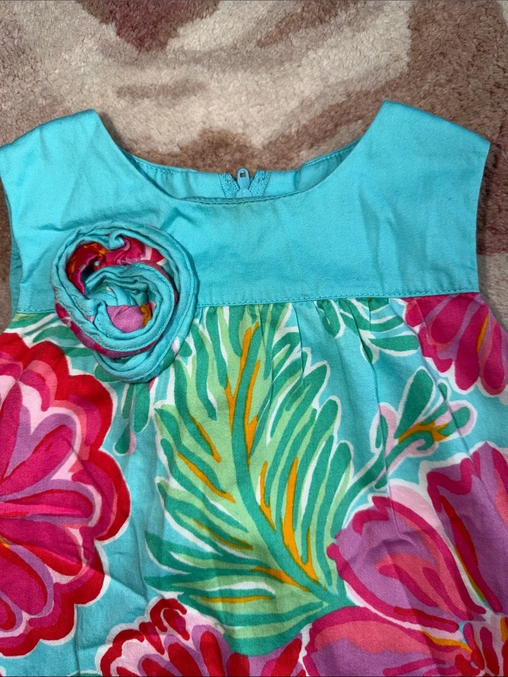 Lilly Pulitzer Aqua Dress with Pink Floral Print and Rosette